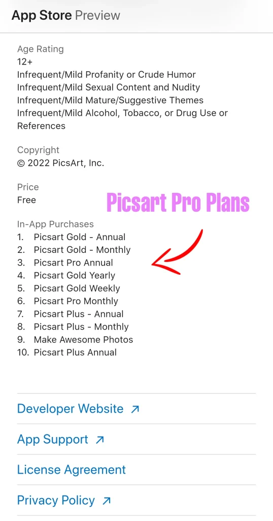 These images shows how you search and Install Picsart from browser Plus the list of Subscription plans.