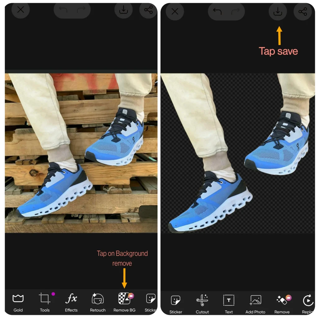 Applying background remove tool and saving it in my device after removing background