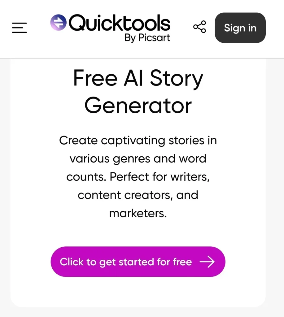 Free AI story generator settings in Picsart