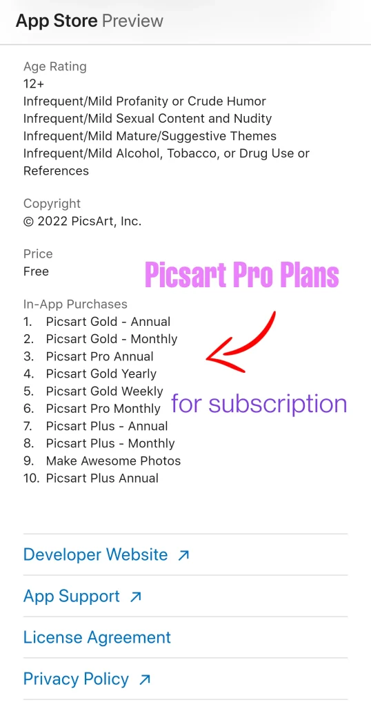 Subscription plans of Picsart pro apk