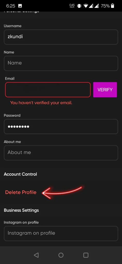 Page where "Delete profile" option is available in picsart
